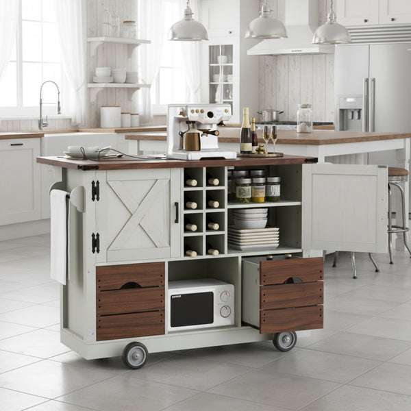 K&K 54  Farmhouse Kitchen Island With Drop Leaf, Power Outlet, Kitchen Storage Cart With 2 Doors, 2 Drawers, Rolling Kitchen Island On 4 Large Wheels With Spice Rack For Kitchen, Dining Room, White