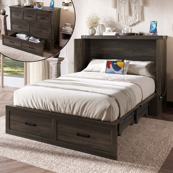 Murphy Bed Cabinet Full Size With Charging Station, Multi-Functional Foldable Platform Bed With 1 Large Storage Drawer For Guest Room, Small Bedroom, Rustic Gray