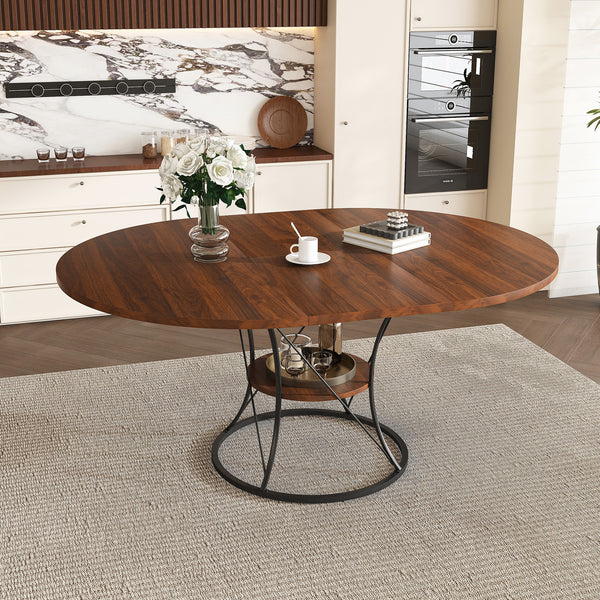 43 Inch Round Dining Table For 4-6  Expandable Farmhouse Kitchen Table With Storage Shelf & Metal Base  Brown & Black Extendable Wood Table From 43 To 59 Inch  Large Round Table For Home  No Chairs