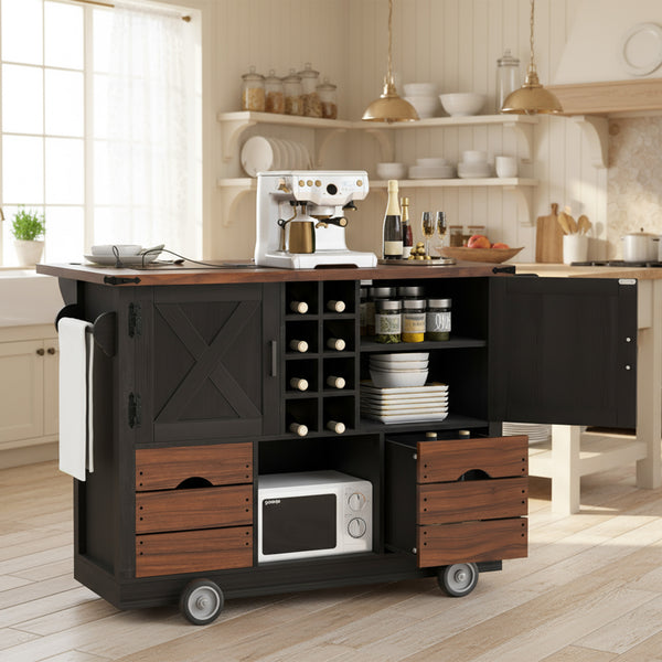 K&K 54  Farmhouse Kitchen Island With Drop Leaf, Power Outlet, Kitchen Storage Cart With 2 Doors, 2 Drawers, Rolling Kitchen Island On 4 Large Wheels With Spice Rack For Kitchen, Dining Room, Black