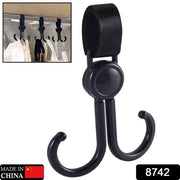 8742 Multi-purpose Strong Pushchair Hook Clip Baby Carriage Hook 360degree Rotating Black Stroller Clip For Hanging Bag Baby Carriage Hook For Cars Wheelchairs Walking Aids Bicycles Shopping Trolley Bicycles (1 Pc)