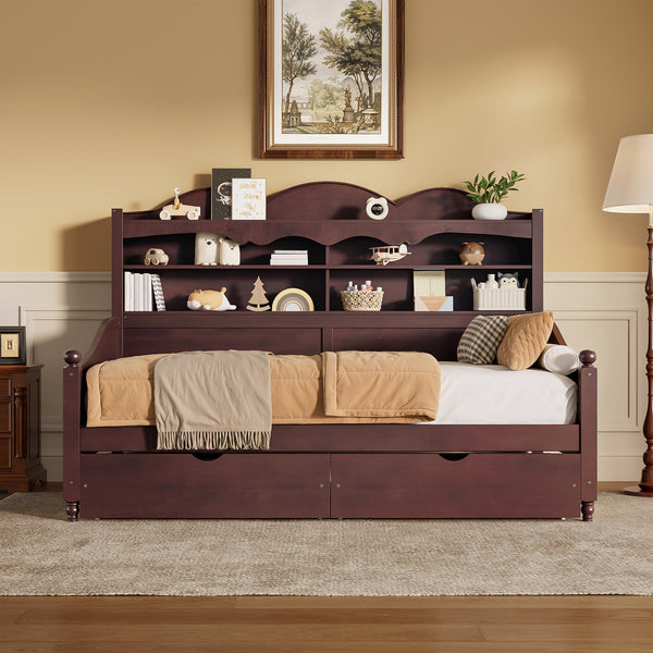 Twin Daybed With Storage Drawers, Wooden Twin Day Bed With Storage Headboard Shelving, Retro Style Daybed For Bedroom,Living Room,Guest Room,No Box Spring Needed, Easy Assembly,Espresso