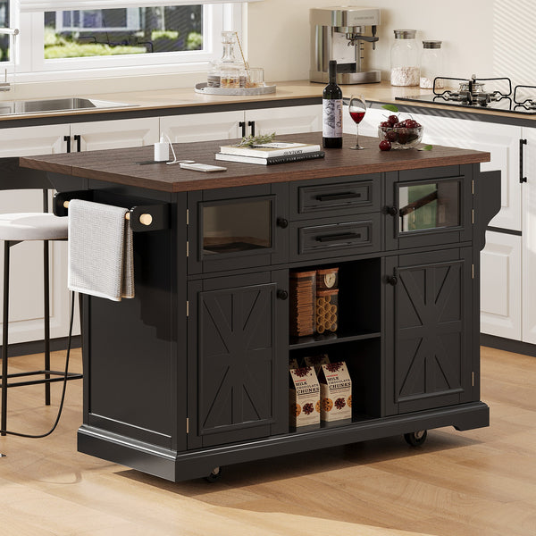 K&K 54.9  Kitchen Island With Drop Leaf, Power Outlet, Kitchen Storage Cart With 4 Door Shelves, Cross Barn Doors & Visual Glass Door, Rolling Kitchen Island On 4 Wheels For Kitchen, Dining Room,Black