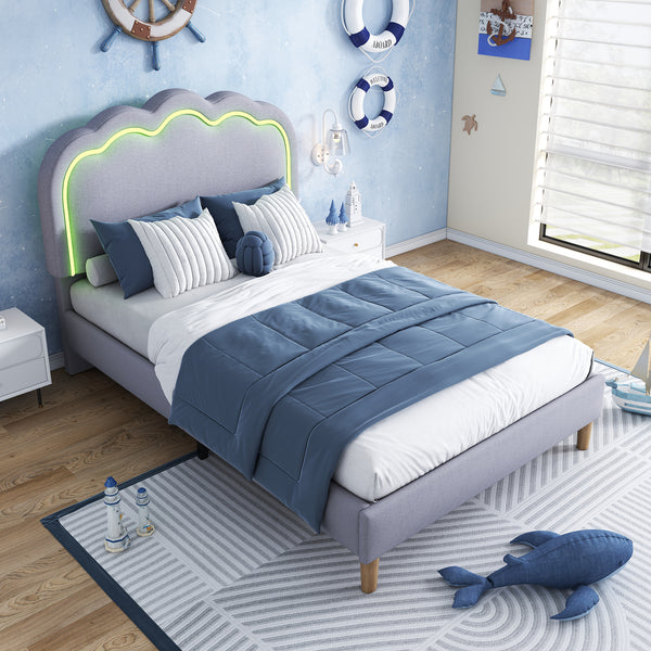 Upholstered Bed, 3ft 90x190cm Single Bed With LED, Bed Frame With Wooden Slats And Adjustable Height Headboard, Teen Bed For Bedroom And Guest Room, Grey, Linen Material, Without Mattress.