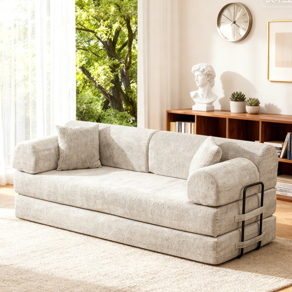 Convertible Sleeper Sofa Bed,two-tone Blended Boucle Fabric Folding Mattress Couch With Fixed-Shape Frame, Floor Sofa Lounge Couch For Living Room Bedroom Light