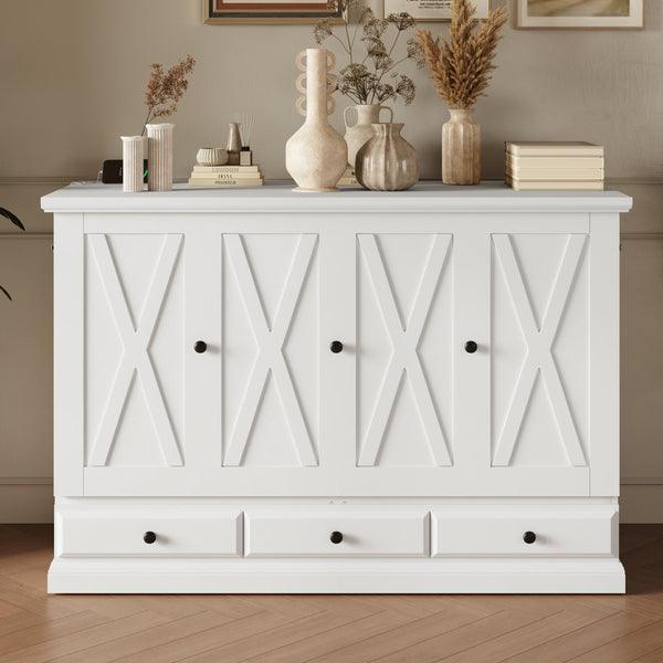 Farmhouse Style Solid Pine Wood Murphy Bed Chest Cube Cabinet Bed With Charging Station And Large Storage Drawer For Home Office Or Small Room,Queen,White