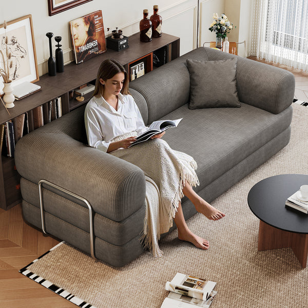 78.8 Compression Sofa,Convertible Floor Sofa Bed-with Pillow Back Support Armrest,Comfy Futon Couch Sleeper Bed,Loveseats Boneless Modular Sectional Sofa,Corduroy Fabric,for Living Room,Bedroom,Grey