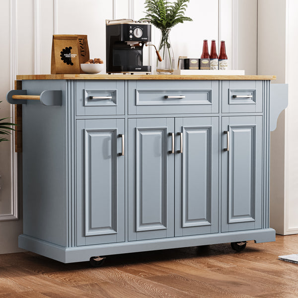 K&K 54inch Large Kitchen Island With Rubber Wood Drop Leaf, Embossed Texture Rolling Kitchen Cart On 4 Wheels With 4 Doors And 3 Drawers, Kitchen Island With Storage For Kitchen, Dining Room,Grey Blue