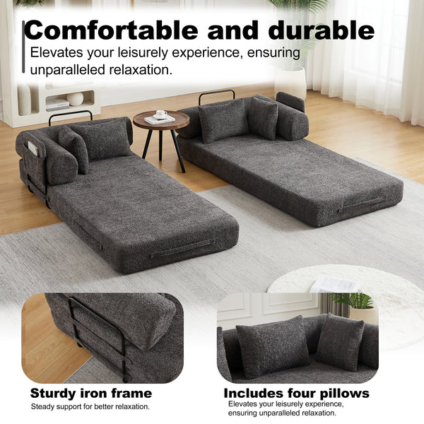 78.7-Inch Convertible Sleeper Sofa Bed With Cylindrical Pillow, Chenille Folding Mattress Couch With ,Folding Sofa Bed With Side Pocket, Floor Sofa Lounge Couch For Living Room Bedroom Lounge Studio