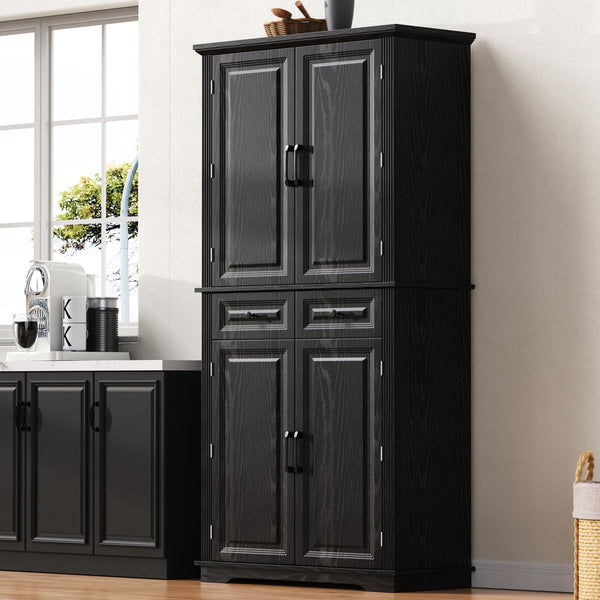 K&K 71   Tall Kitchen Pantry Cabinet With 3 Pull Out Cabinet Organizers, Farmhouse Embossed Texture Storage Cabinet With 6 Door Shelves, 2 Drawers, Freestanding Cupboard For Kitchen, Dining Room Black