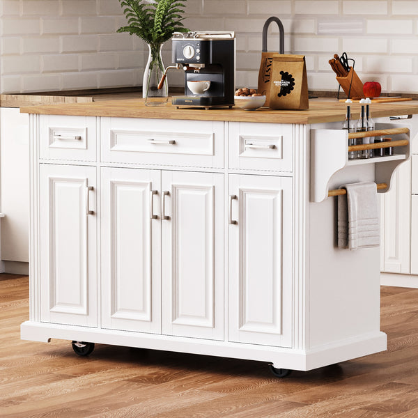 K&K 54inch Large Kitchen Island With Rubber Wood Drop Leaf, Embossed Texture Rolling Kitchen Cart On 4 Wheels With 4 Doors And 3 Drawers, Kitchen Island With Storage For Kitchen, Dining Room,White