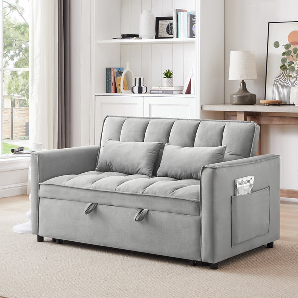 55.1-inch 3-in-1 Convertible Sofa Bed, Modern Velvet Double Sofa Futon Sofa Bed With Adjustable Back, Storage Bag And Pillow, For Living Room, Bedroom  Light Gray