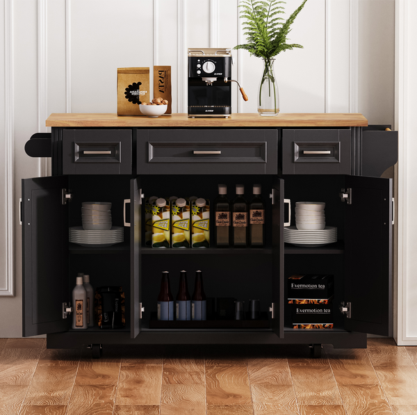 K&K 54inch Large Kitchen Island With Rubber Wood Drop Leaf, Embossed Texture Rolling Kitchen Cart On 4 Wheels With 4 Doors And 3 Drawers, Kitchen Island With Storage For Kitchen, Dining Room,Black