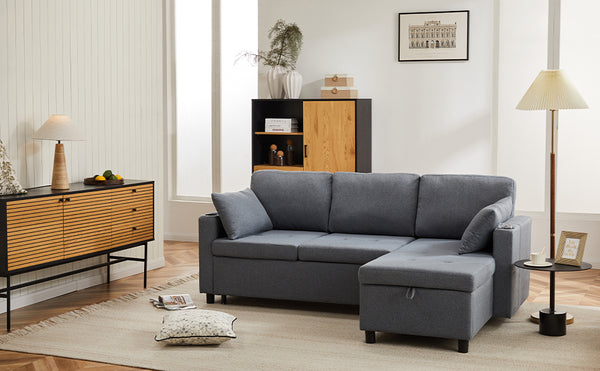 N605P2244131415G  Sofa Bed, L-Shaped Corner Sofa, 3 Seater Pull Out Sofa With Storage, Convertible Settee Sectional Sofa For Living Room, Office, Grey