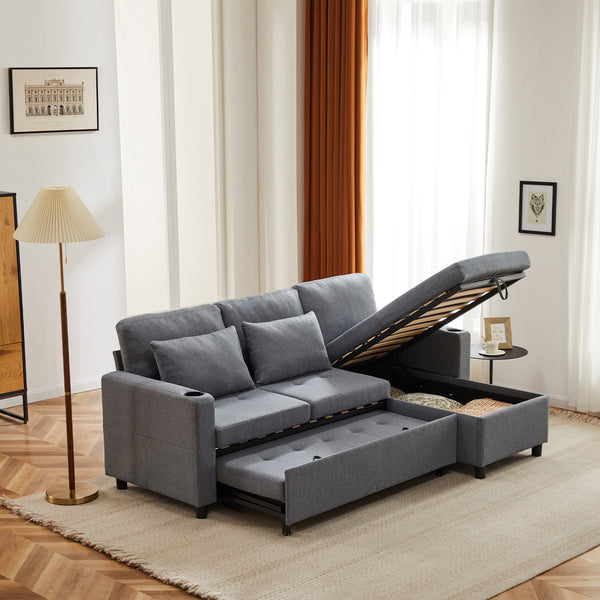 N605P2244131415G  Sofa Bed, L-Shaped Corner Sofa, 3 Seater Pull Out Sofa With Storage, Convertible Settee Sectional Sofa For Living Room, Office, Grey