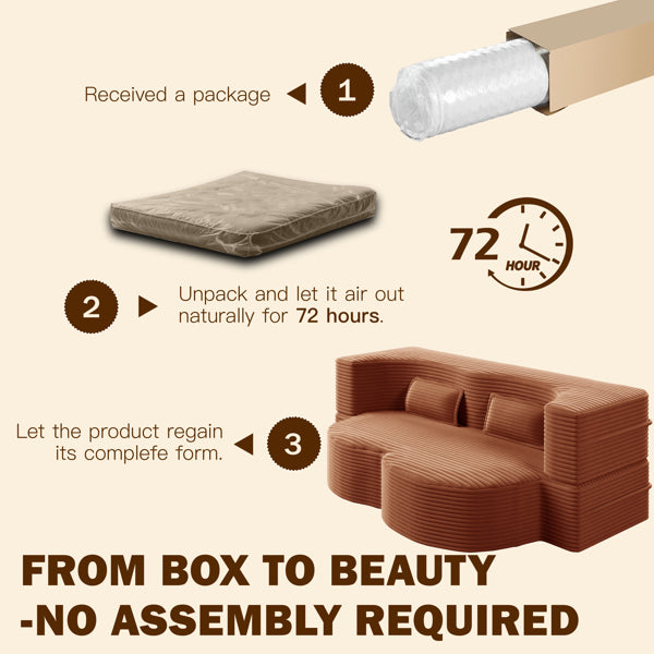 Modern Floor Sofa With 2 Pillows,Convertible Plush Corduroy Foam-Filled Sleeper Sofa Bed,15' Full Size Folding Mattress For Living Room,Guest Bed,no Assembly Required,Orange