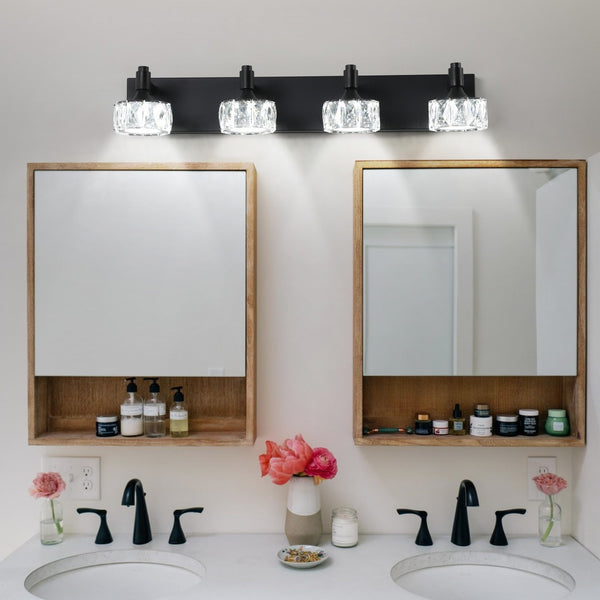 Modern 4-Light Matte Black LED Vanity Light Fixture With Crystal Glass Shades, Bathroom Wall Sconce For Elegant And Contemporary Home Decor