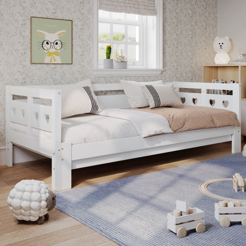 Daybed Cabin Bed Wooden 3FT Single Sofa Guest Bed Sofa Bed, Pull Out Trundle Wooden Bed Heart-Shaped For Children Adults Bed For Living Room And Bedroom -90 X190 Cm -White