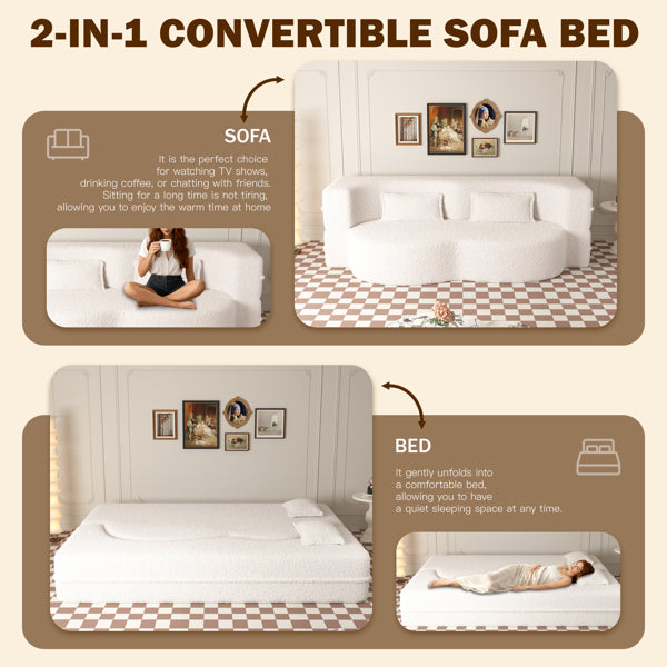 Modern Floor Sofa With 2 Pillows,Convertible Teddy Fabric Foam-Filled Sleeper Sofa Bed,15' Twin Size Folding Mattress For Living Room,Guest Bed,Playroom,no Assembly Required,Beige&White