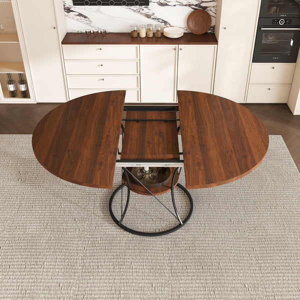 43 Inch Round Dining Table For 4-6  Expandable Farmhouse Kitchen Table With Storage Shelf & Metal Base  Brown & Black Extendable Wood Table From 43 To 59 Inch  Large Round Table For Home  No Chairs