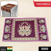8889 Cotton Fridge Top Cover Set - Standard Appliance Covers Fridge Dustproof Cover With Peacock Deign 6 Utility Side Pockets Fridge Cover For All Types Fridge Refrigerator Use (100x60cm)