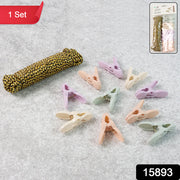Clothes Drying Rope With Multipurpose Cloth Clips (1 Set)
