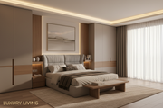 A premium modern bedroom interior banner design, ultra-realistic 3D render.
Sleek contemporary bedroom with soft neutral tones, upholstered headboard, built-in wardrobes with handle-less shutters, warm wooden accents, integrated LED strip lighting, minimalist décor, luxury Indian home interior style.