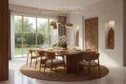 A premium modern dining area banner design
Ultra-realistic 3D render

Elegant dining table and chairs
Modern design
Warm wooden textures
Clean table setup

Minimalist décor
Luxury Indian home interior style

Aspect ratio: 3 : 2