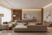 A premium modern living room (hall) interior banner design, ultra-realistic 3D render.
Elegant contemporary hall featuring a sleek modular TV unit, built-in storage cabinets, plush modern sofa, warm wooden accents, soft neutral colour palette, minimalist décor, luxury Indian home interior style. Image size: 1189 × 375 pixels
Aspect ratio: 3.17 : 1