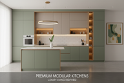 A premium modern modular kitchen interior banner design, ultra-realistic 3D render.
Sleek handle-less modular kitchen cabinets in soft sage green and matte beige tones, warm wooden accents, integrated LED lighting under cabinets, built-in microwave oven, minimalist décor, clean white backsplash, luxury Indian home interior style.Image size: 1189 × 375 pixels
Aspect ratio: 3.17 : 1
