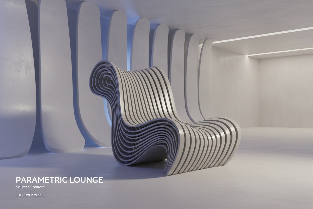A premium modern parametric chair banner design
Ultra-realistic 3D architectural render

Futuristic parametric chair formed from repeating curved ribs
Algorithmic generative geometry shaping seat and backrest
Flowing CNC-cut parametric panels creating an organic silhouette
Sculptural computational design inspired by digital architecture

Ergonomic seating integrated into the parametric structure
Smooth continuous curves with precision-crafted detailing
High-detail materials, realistic shadows and depth

Cal