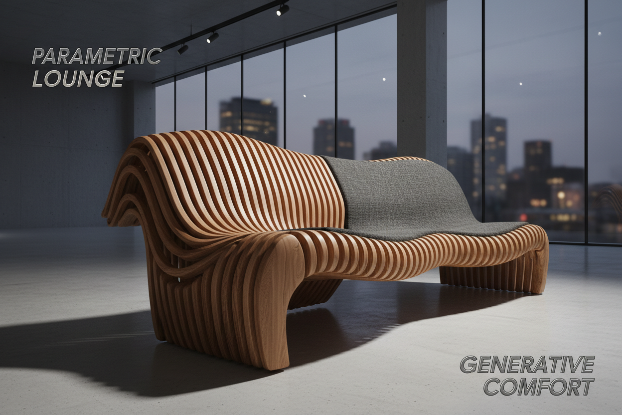 A premium modern parametric sofa banner design
Ultra-realistic 3D architectural render

Futuristic parametric sofa made of repeating curved wooden or upholstered ribs
Wave-like algorithmic geometry forming the seat and backrest
Generative design with flowing CNC-cut parametric panels
Sculptural organic form inspired by computational architecture

Ergonomic seating integrated into the parametric structure
Smooth continuous curves with seamless transitions
Precision-crafted, high-detail textures and shadows

