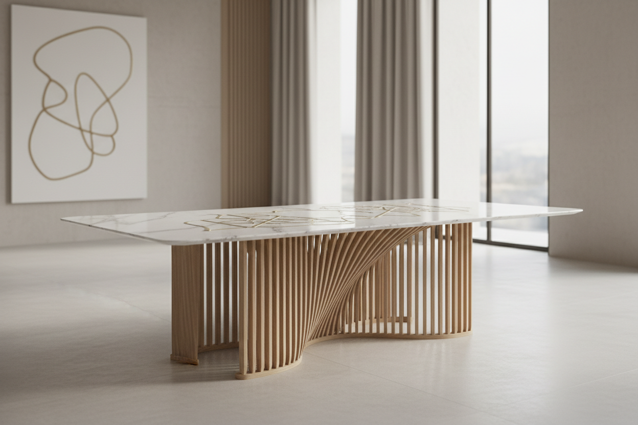 A premium modern parametric table banner design
Ultra-realistic 3D architectural render

Sculptural parametric table with flowing algorithmic base
Generative design created using curved CNC-cut ribs
Organic wave-like geometry supporting a refined tabletop
Computational architecture–inspired furniture form

Precision-crafted structure with seamless transitions
High-detail textures and realistic light interaction

Calm modern architectural interior
Minimalist luxury space with neutral tones
