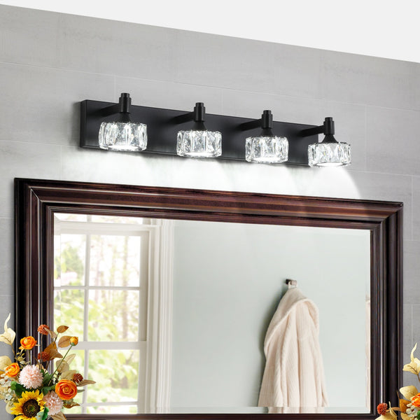 Modern 4-Light Matte Black LED Vanity Light Fixture With Crystal Glass Shades, Bathroom Wall Sconce For Elegant And Contemporary Home Decor