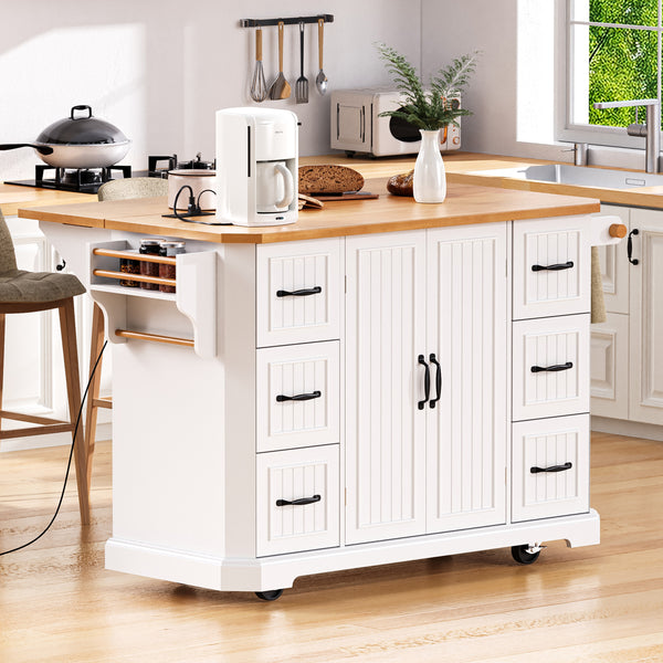 K&K 56 Inch Kitchen Island With Rubber Wood Veneer Drop Leaf, Power Outlet, 4 Door Shelves, Embossed Vertical Stripe Rolling Kitchen Cart On 4 Wheels With 6 Deep Drawers For Kitchen, Dining Room,White