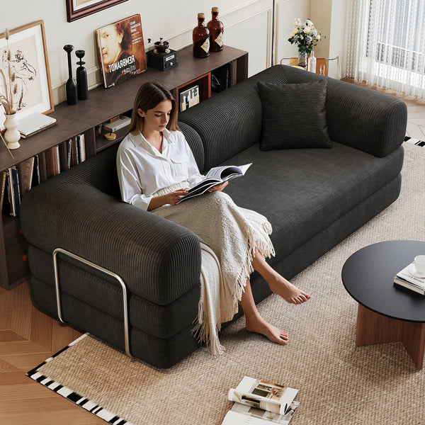 78.8 Compression Sofa,Convertible Floor Sofa Bed-with Pillow Back Support Armrest,Comfy Futon Couch Sleeper Bed,Loveseats Boneless Modular Sectional Sofa,Corduroy Fabric,for Living Room,Bedroom,Black