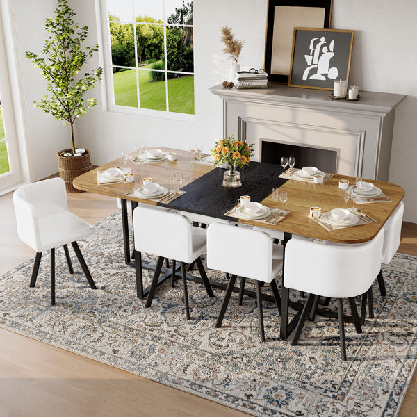 9-Piece Square Dining Table Set, Fixed Two-Tone Wood Grain & Black Wood Grain Triamine Tabletop With 8 White Faux Leather Chairs, Modern Kitchen Table Set For 8 People, Ideal For Family Gatherings