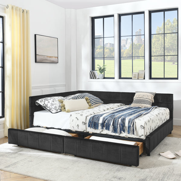 Queen Size Storage Upholstered Tufted Bed Frame, Sofa Bed Frame With Comfortable Backrest And Armrests, Queen Size Bed For Bedroom, Living Room,Velvet, BLACK 85.5x64.5x29.5