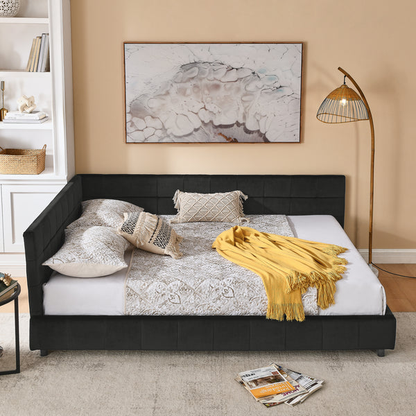 Queen Size Upholstered Tufted Bed Frame, Sofa Bed Frame With Comfortable Backrest And Armrests, Queen Size Bed For Bedroom, Living Room,Velvet, BLACK 85.5x64.5x30.5
