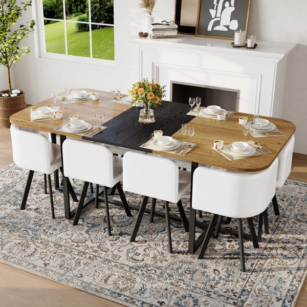 9-Piece Square Dining Table Set, Fixed Two-Tone Wood Grain & Black Wood Grain Triamine Tabletop With 8 White Faux Leather Chairs, Modern Kitchen Table Set For 8 People, Ideal For Family Gatherings