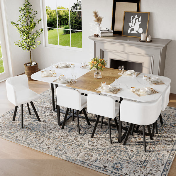 9-Piece Square Dining Table Set, Fixed White Faux Marble & Wood Grain Triamine Tabletop With 8 White Faux Leather Chairs, Modern Kitchen Table Set For 8 People, Ideal For Family Gatherings
