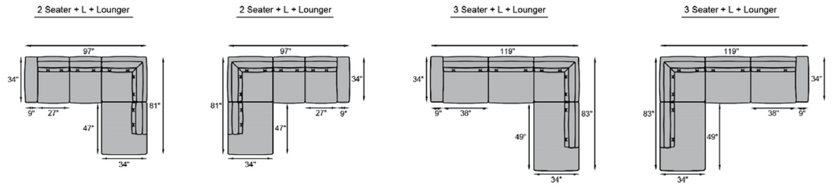 2 seater + L + Lounger , 3 seater + L + Lounger
