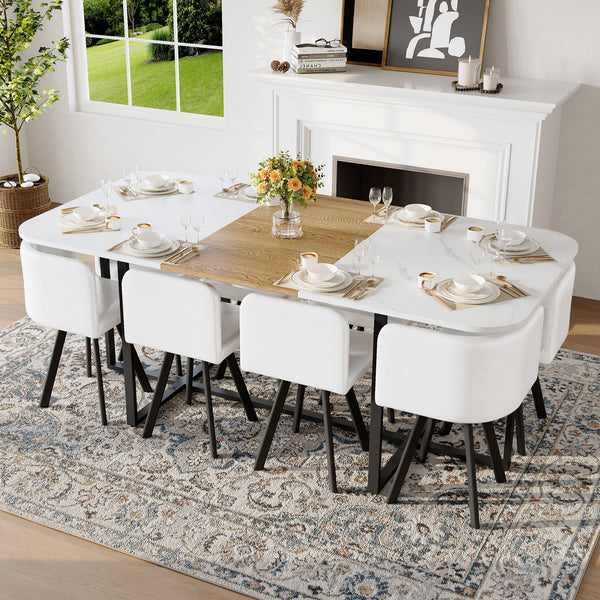 9-Piece Square Dining Table Set, Fixed White Faux Marble & Wood Grain Triamine Tabletop With 8 White Faux Leather Chairs, Modern Kitchen Table Set For 8 People, Ideal For Family Gatherings