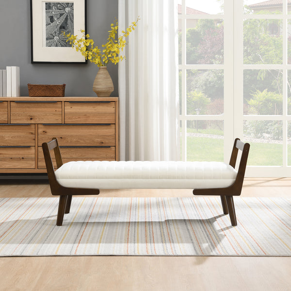 52  Mid Century Bench With Walnut Wood Leg,Channeled Upholstered Footrest Stool For Kitchen, Living Room, Bedroom, Entryway, End Of Bed. Chenille Fabric Beige