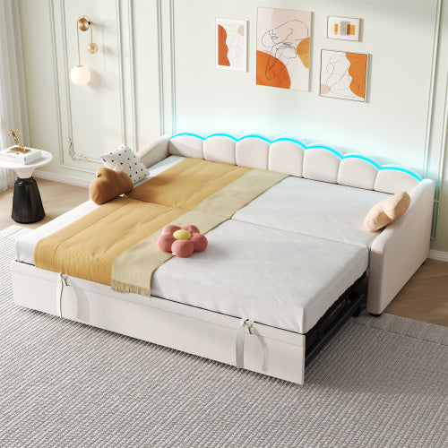Upholstered Bed 90x190cm, Daybed, Sofa Bed With RGB LED Lighting, 3ft Petal Shape Single Bed With Trundle,Pull Out Trundle Bed For Living Room BedroomStudy Room, Velvet, Beige
