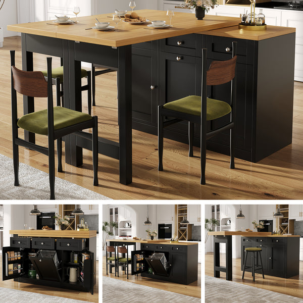 Extendable Bar Table With Storage Space, Fold-out Dining Table With Drawer And Snack Tray, Pull Out Bin Holder  Bin Not Included , Space-saving Design For Small Flats, Kitchens, Balconies,Black