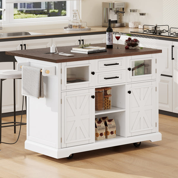 K&K 54.9  Kitchen Island With Drop Leaf, Power Outlet, Kitchen Storage Cart With 4 Door Shelves, Cross Barn Doors & Visual Glass Door, Rolling Kitchen Island On 4 Wheels For Kitchen, Dining Room,White