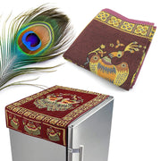 8889 Cotton Fridge Top Cover Set - Standard Appliance Covers Fridge Dustproof Cover With Peacock Deign 6 Utility Side Pockets Fridge Cover For All Types Fridge Refrigerator Use (100x60cm)